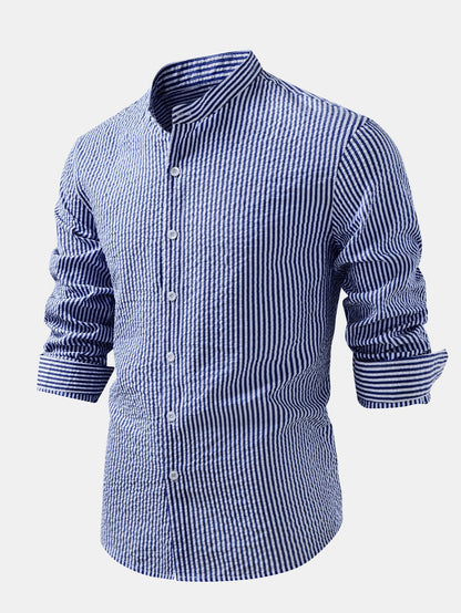 Seersucker Striped Stand Collar Shirt