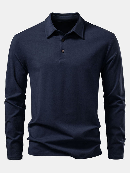 Solid Long Sleeve Cotton Polo Shirt
