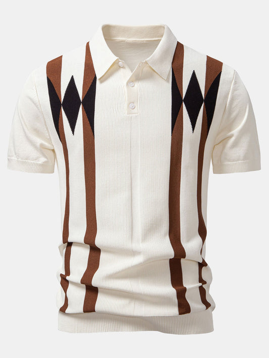 Stripe Geometric Jacquard Knitted Polo Shirt