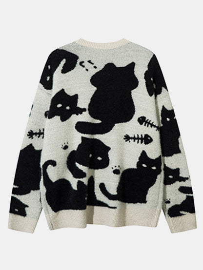 Black Cat Print Knit Sweater