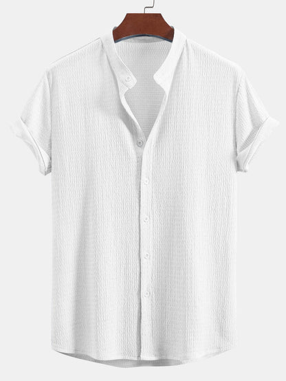 Muscle Fit Crinkled Textured Stand Collar Shirt