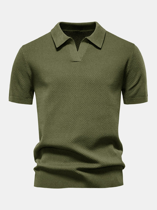 Pineapple Texture Knit V Neck Polo Shirt