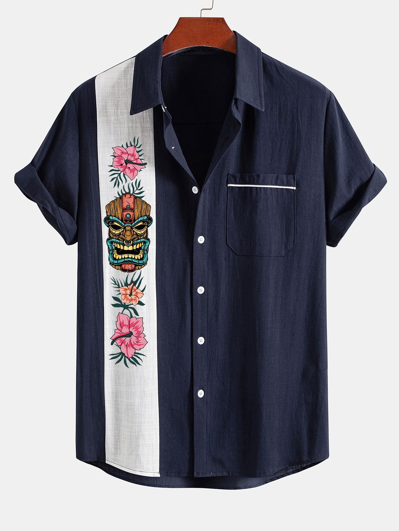 Tiki Tribe Hawaii Print Linen Look Contrast Button Up Shirt