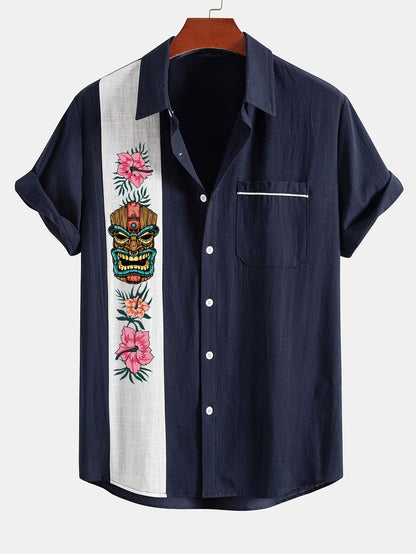 Tiki Tribe Hawaii Print Linen Look Contrast Button Up Shirt