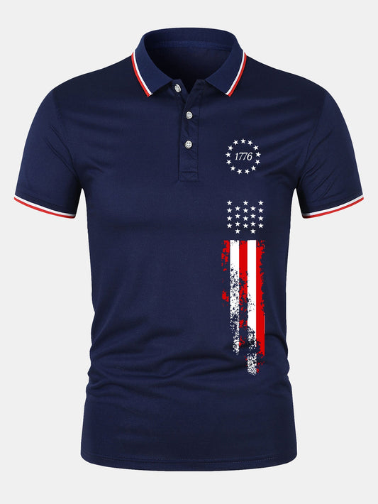 1776 American Flag Print Mesh Polo Shirt
