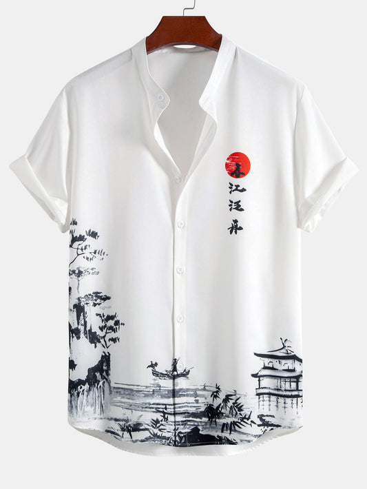 Ink Landscape Painting Stand Collar Shirt