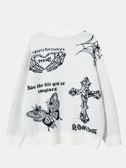 Gothic Cross Print Zip-Up Knit Sweater