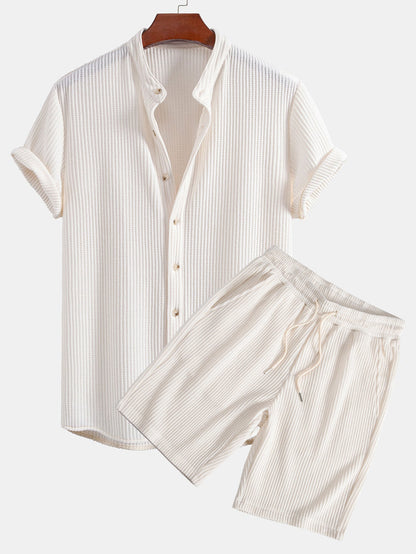 Waffle Stand Collar Shirt & Drawstring Waffle Shorts