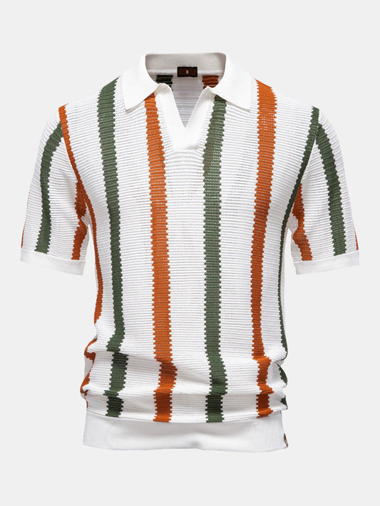 Stripe Knit V Neck Polo Shirt
