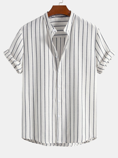 Cotton Blend Striped Stand Collar Shirt