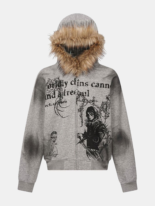 Boxy Faux Fur Collar Comic Character Print Zipper Hoodie