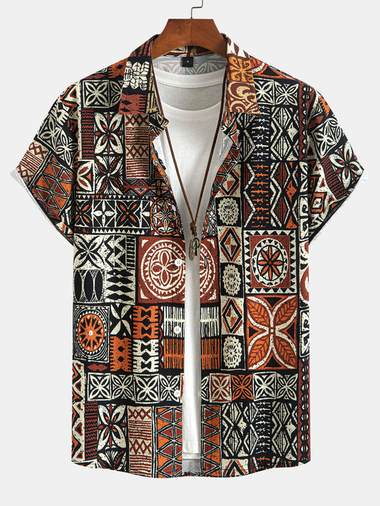 Ethnic Geometry Print Button Up Shirt