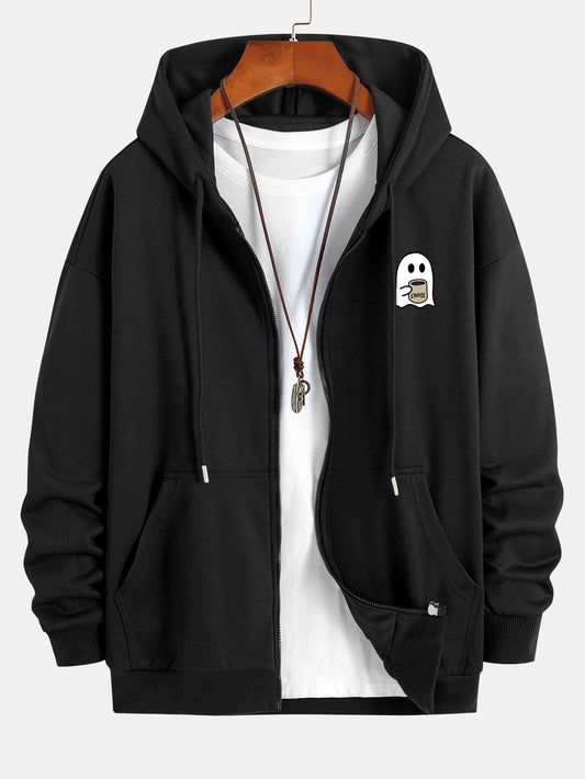 Ghost Drinking Coffee Print Relax Fit Zip Hoodie