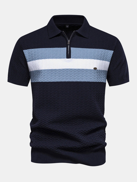 Contrast Textured Jacquard Knit Zip Up Polo Shirt