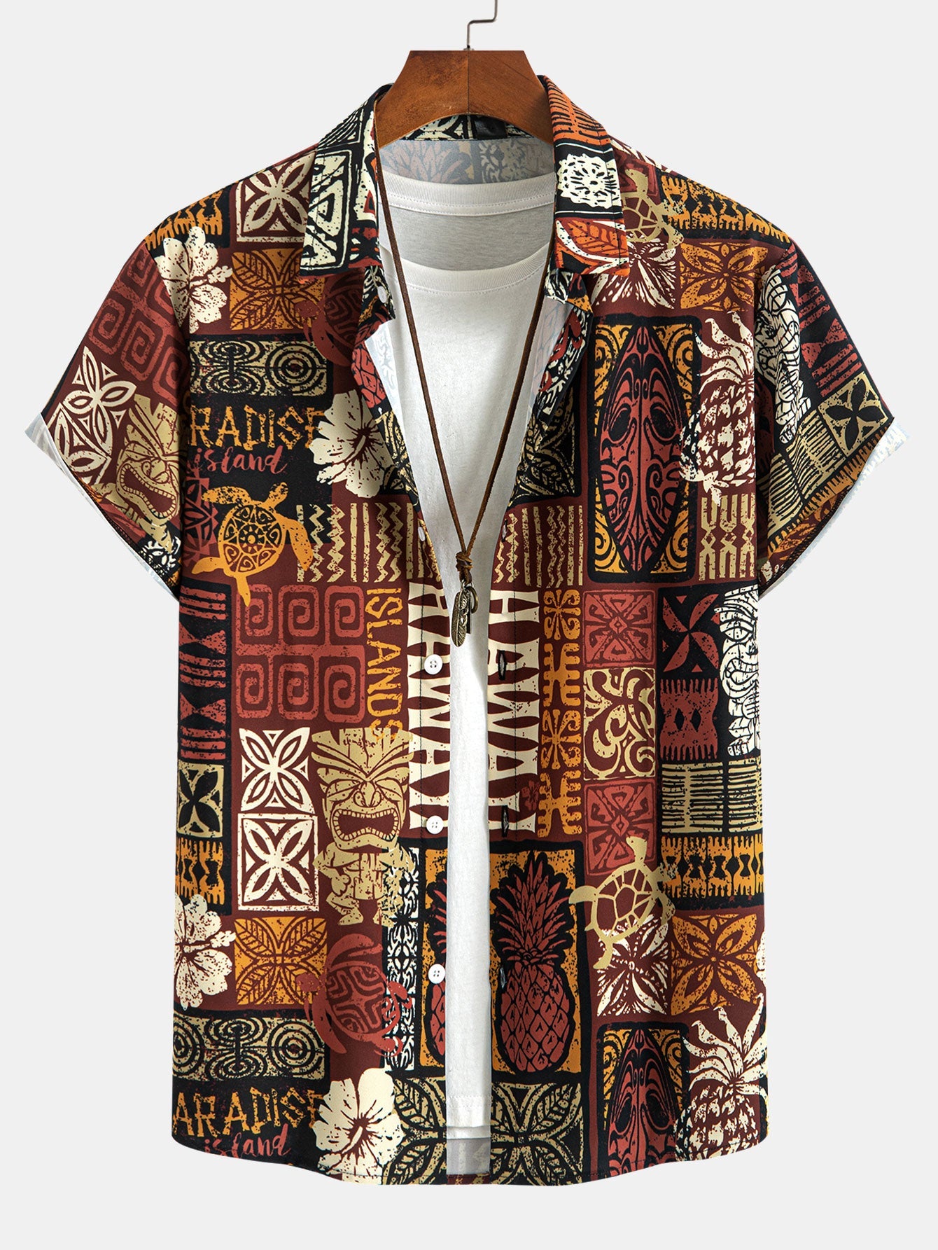 Pineapple Ethnic Hawaii Print Button Up Shirt