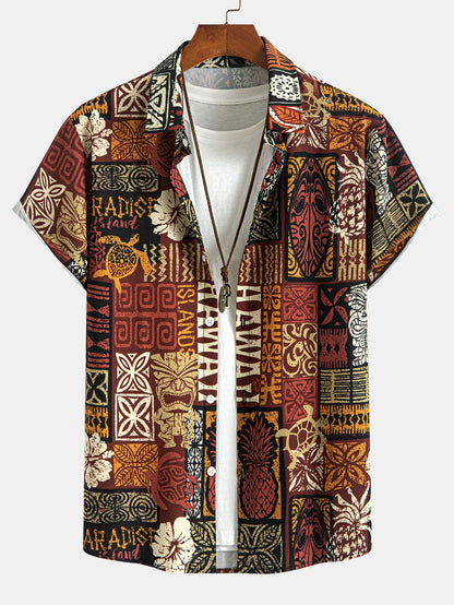 Pineapple Ethnic Hawaii Print Button Up Shirt