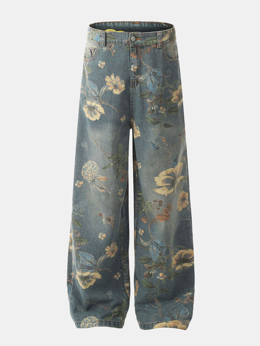 Flower Print Denim Wide Leg Pants