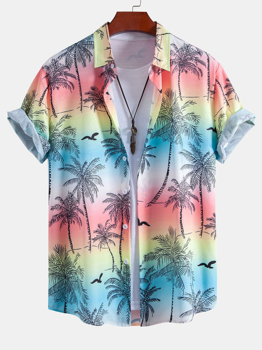 Palm Tree Seagull Print Button Up Shirt