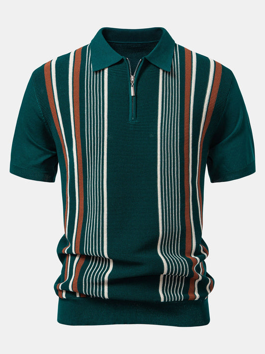 Stripe Knit Zip Up Polo Shirt