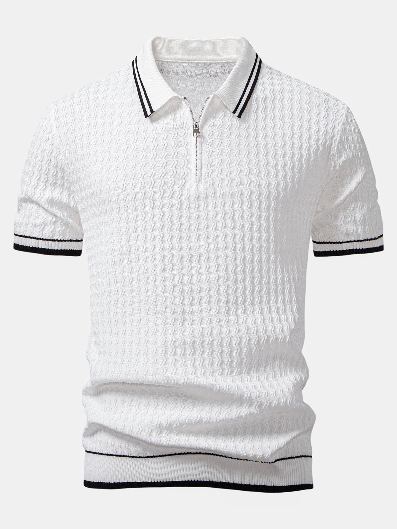 Wave Jacquard Zip Up Knitted Polo Shirt
