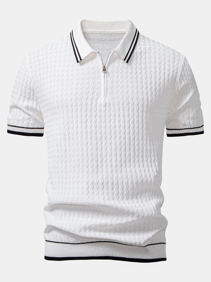 Wave Jacquard Zip Up Knitted Polo Shirt