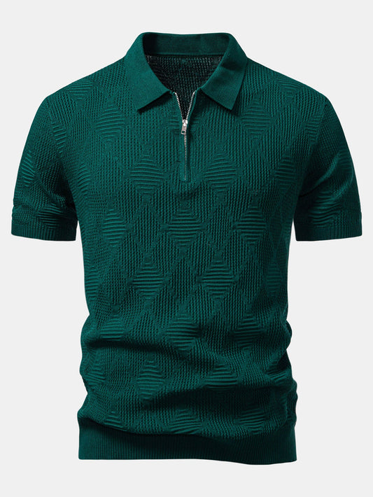 Rhombus Textured Zip Up Knitted Polo Shirt