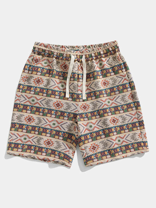 Ethnic Geometric Jacquard Drawstring Shorts