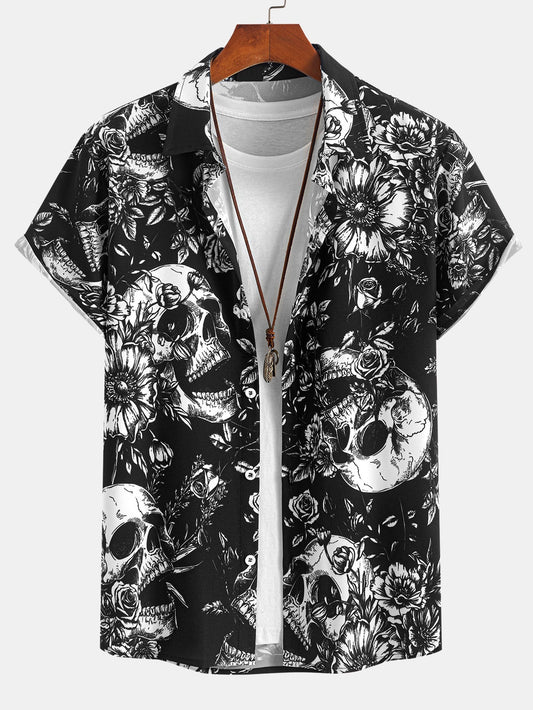 Skull Floral Print Button Up Shirt