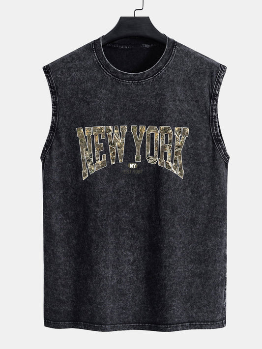 Camouflage New York Print Washed Distressed Tank Top