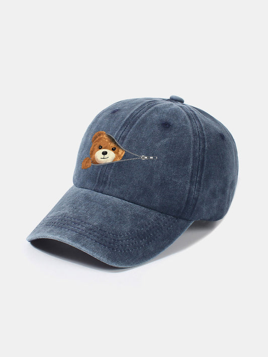 Zipper Bear Pattern Casual Washed Cotton Baseball Cap