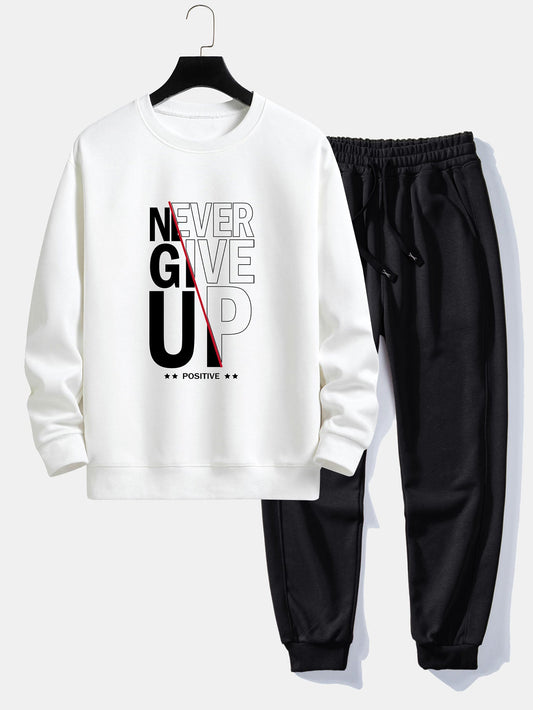 Never Give Up Print Relax Fit Sweatshirt & Basic Jogging Pants