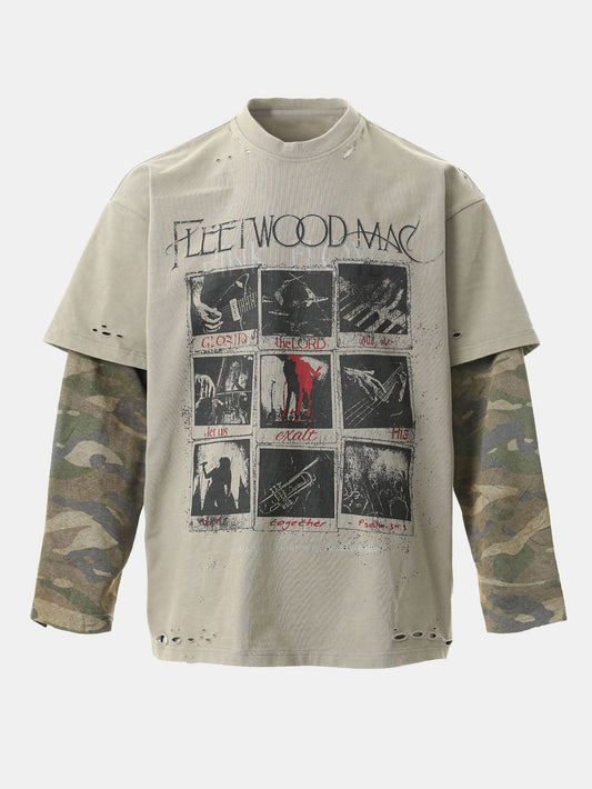 2 In 1 Camouflage Washed Ripped Rock Print T-Shirt