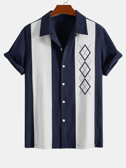 Geometric Rhombus Print Linen Look Patchwork Bowling Shirt