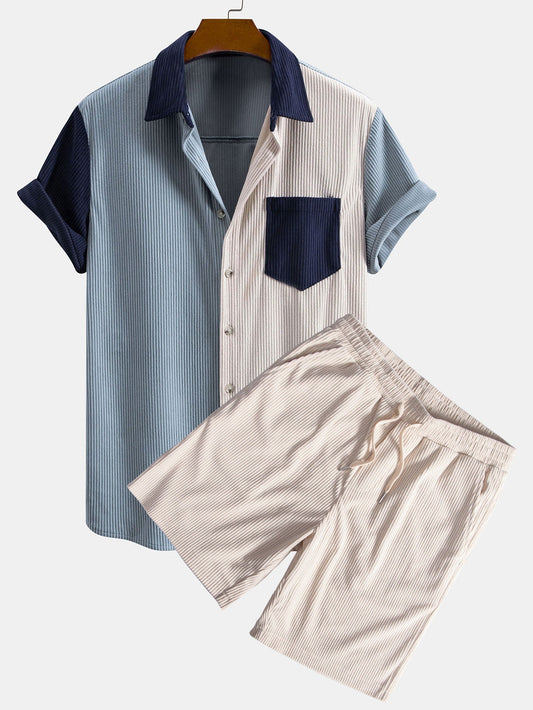 Short Sleeve Corduroy Patchwork Shirt & Corduroy Drawstring Shorts