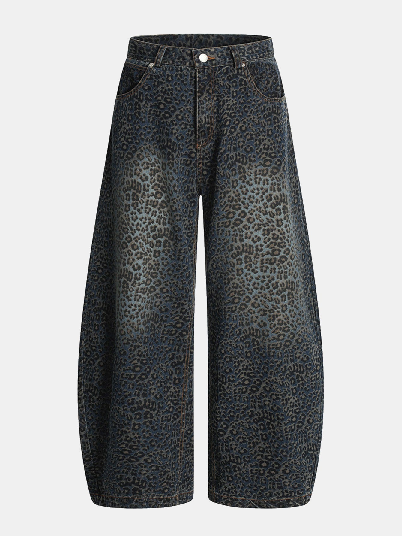 Leopard Print Washed Distressed Denim Baggy Pants