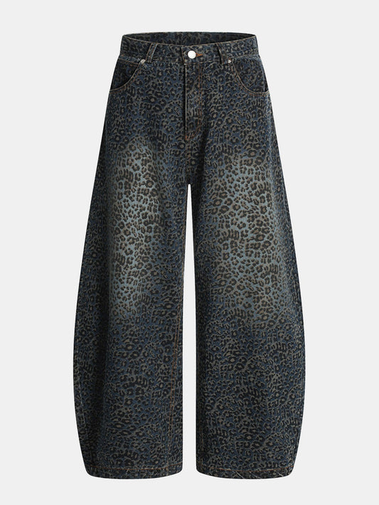Leopard Print Washed Distressed Denim Baggy Pants