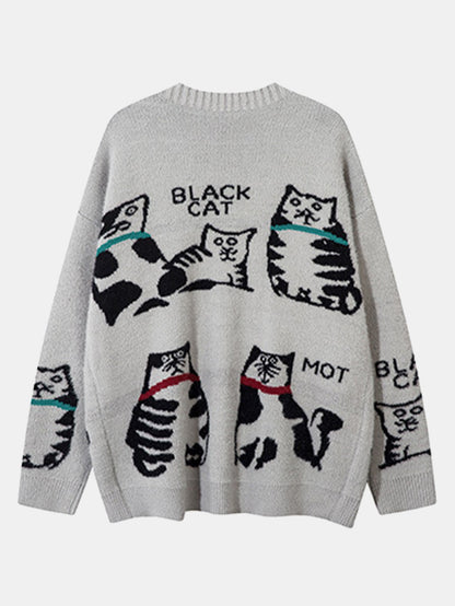 Black Cat Print Button Up Knit Sweater