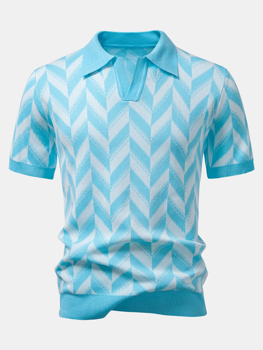 Geometric Knitted V Neck Polo Shirt