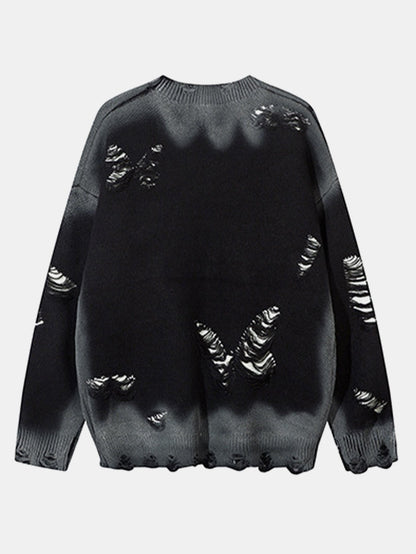 Butterfly Print Distressed Knit Sweater