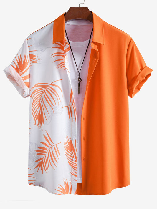 Leaf Print Patchwork Button Up Shirt