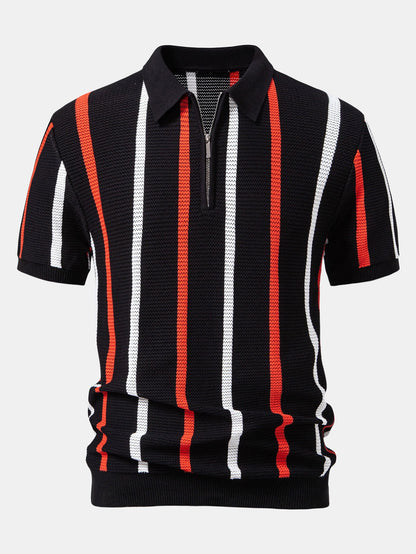Striped Knit Zip Up Polo Shirt