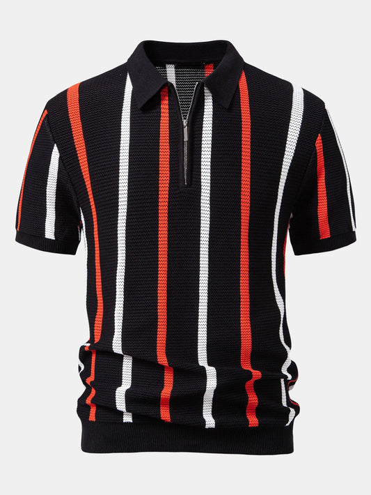 Striped Knit Zip Up Polo Shirt