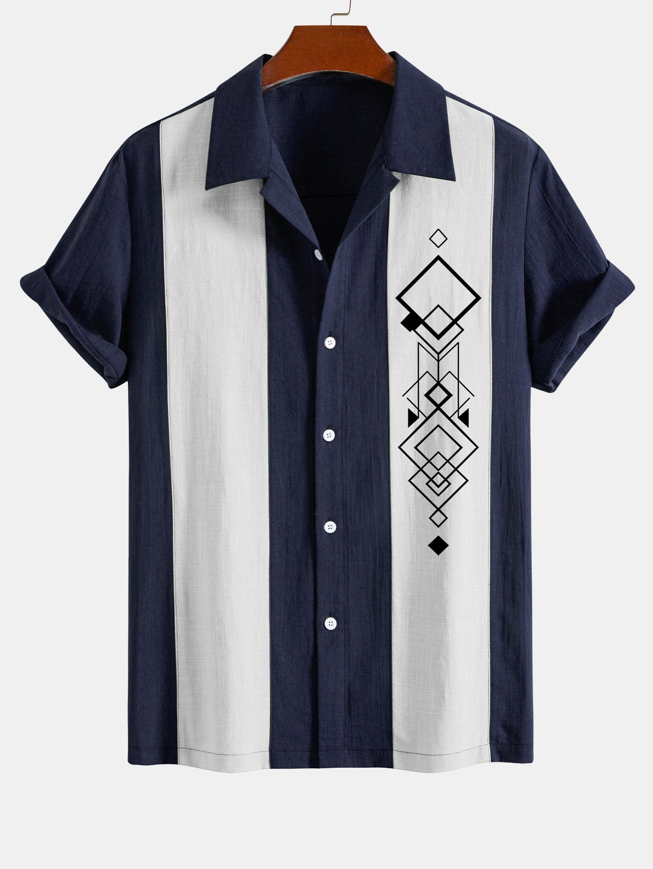 Geometric Rhombus Print Linen Look Patchwork Bowling Shirt
