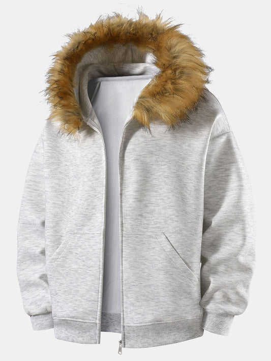 Relax Fit Faux Fur Collar Zip-Up Hoodie