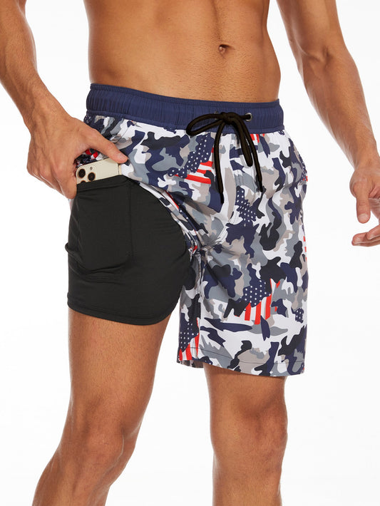 2 In 1 Camouflage USA Flag Print Swim Shorts