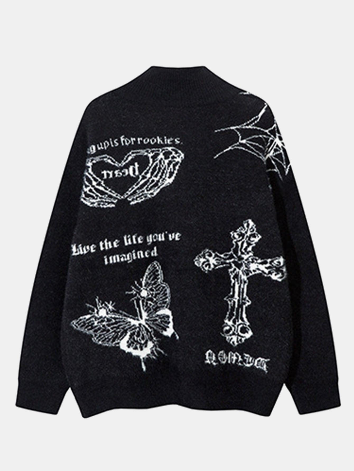 Gothic Cross Print Zip-Up Knit Sweater