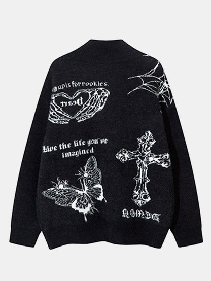 Gothic Cross Print Zip-Up Knit Sweater