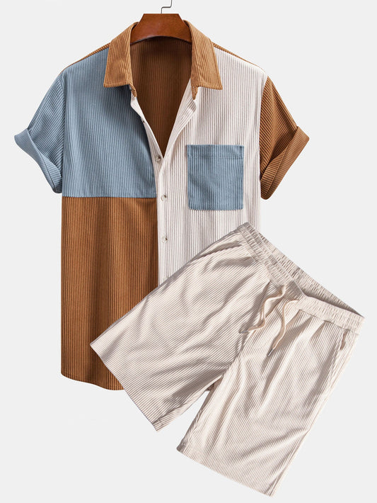 Colorblock Corduroy Shirt & Corduroy Drawstring Shorts