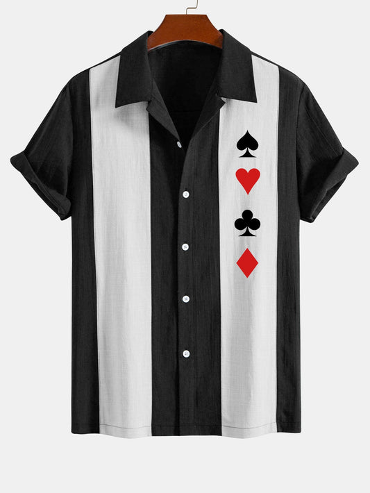 Poker Print Linen Look Patchwork Bowling Shirt