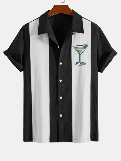 Vintage Martini Cocktail  Print Linen Look Patchwork Bowling Shirt